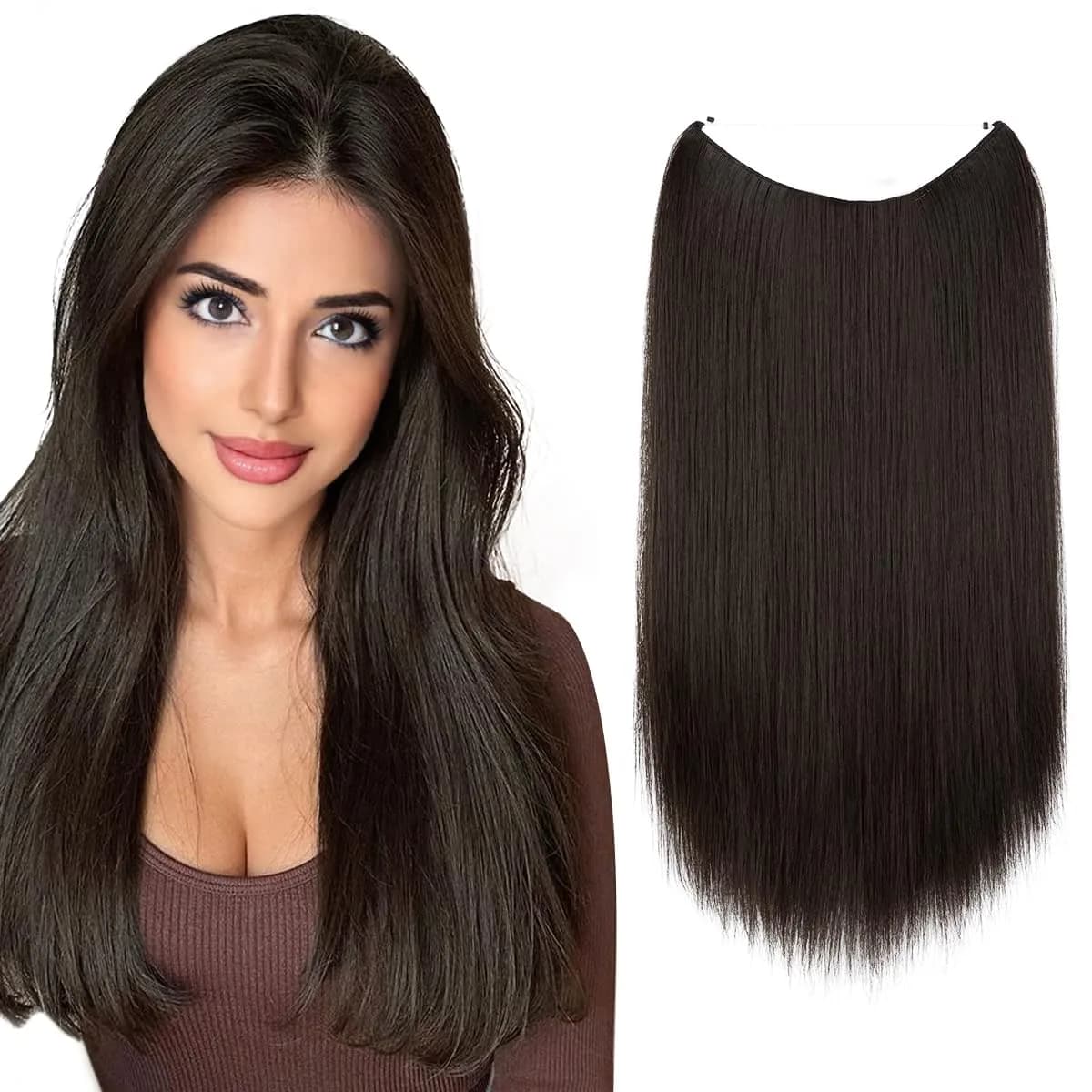 SARLA Invisible Wire Hair Extensions Dirty Blonde Straight Synthetic Hairpieces 14 inch (35.56 cm) | Heat Resistant Hair Extension for Women — Straight-Black Brown / 22 Inch
