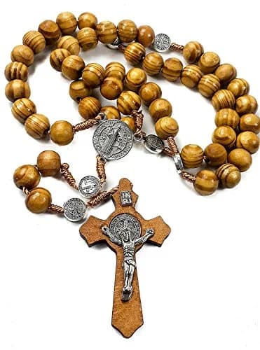 Nazareth Store Saint Benedict Rosary Necklace 20 inches | Olive Wood Beads & Silver Cross thumbnail 1