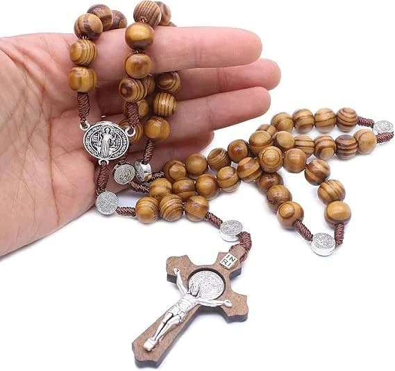 Nazareth Store Saint Benedict Rosary Necklace 20 inches | Olive Wood Beads & Silver Cross thumbnail 3