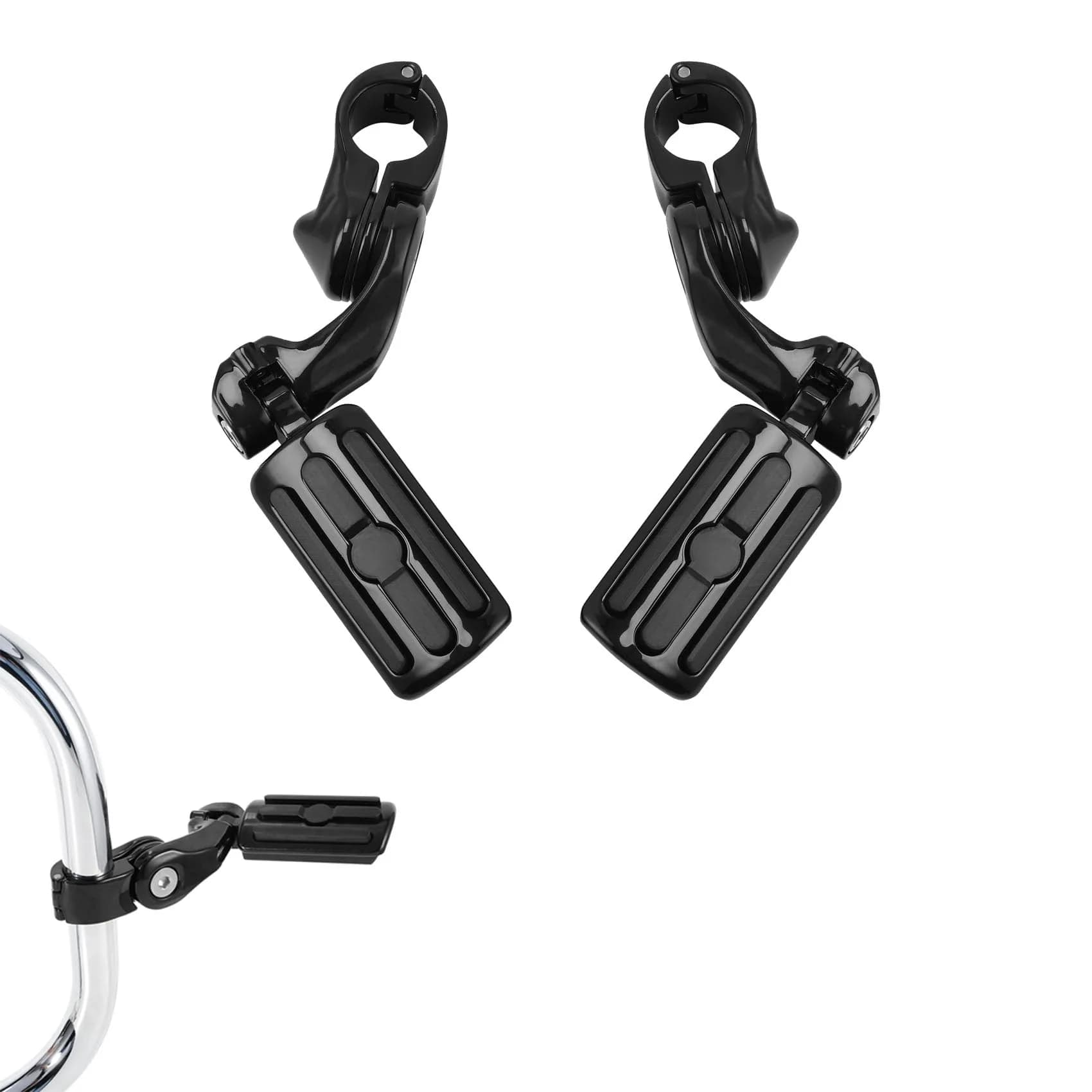 XFMT Motorcycle Highway Pegs 1.25" Short Angled Footrest for Harley Touring/Softail/Sportster/Dyna with 1 1/4" Engine Guard, Chrome — Black Style 1