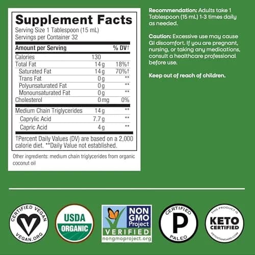 Nature's Way Organic MCT Oil Brain and Body Fuel 473ml (16 Fl Oz) | Keto & Paleo Certified thumbnail 7