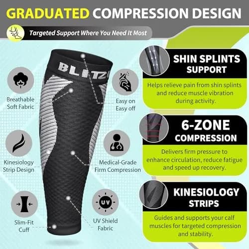 BLITZU Calf Compression Sleeves Black Large/X-Large | Orthopedic Brace for Shin Splints & Varicose Veins thumbnail 3
