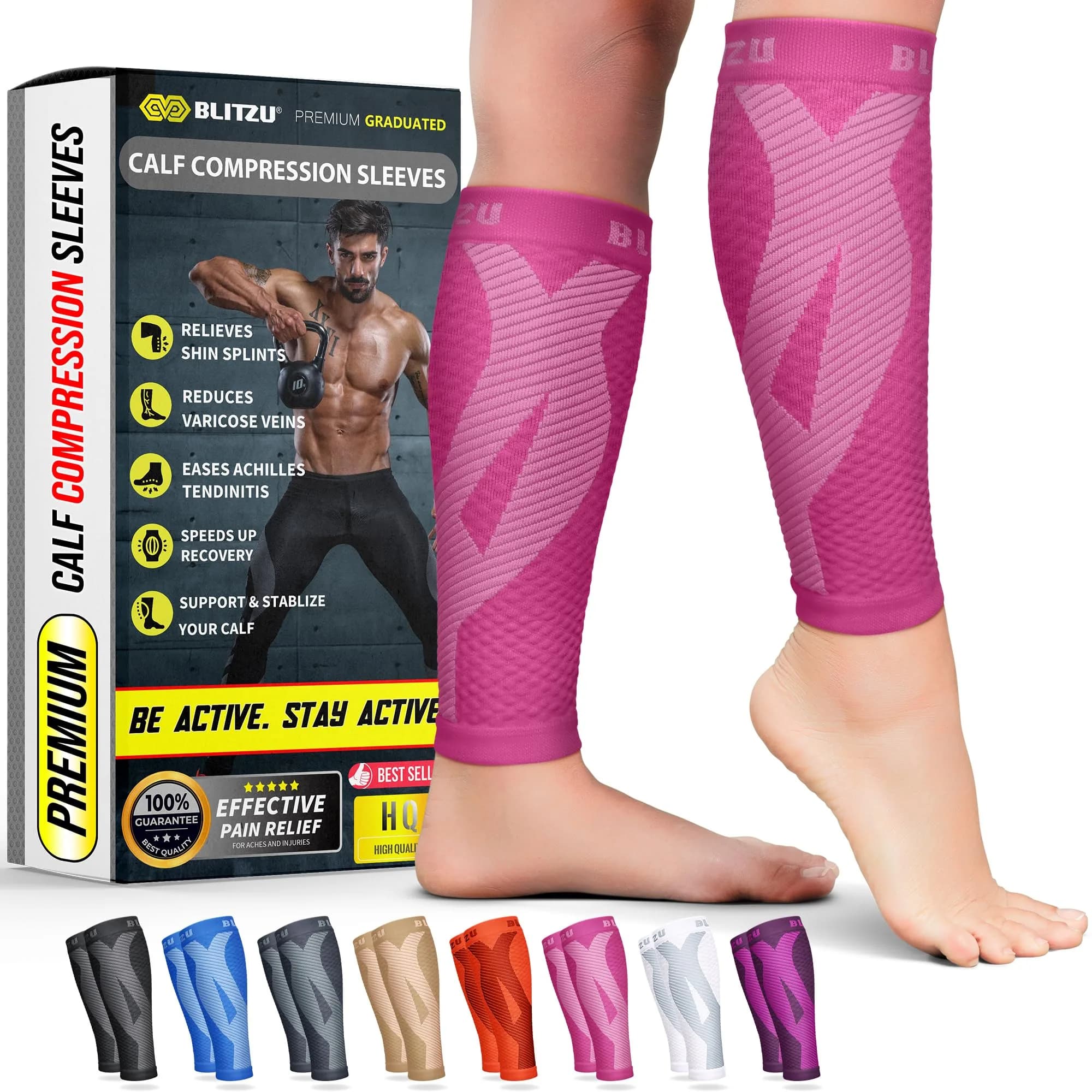 BLITZU Calf Compression Sleeves Pink Large/X-Large | Orthopedic Brace for Shin Splints & Varicose Veins