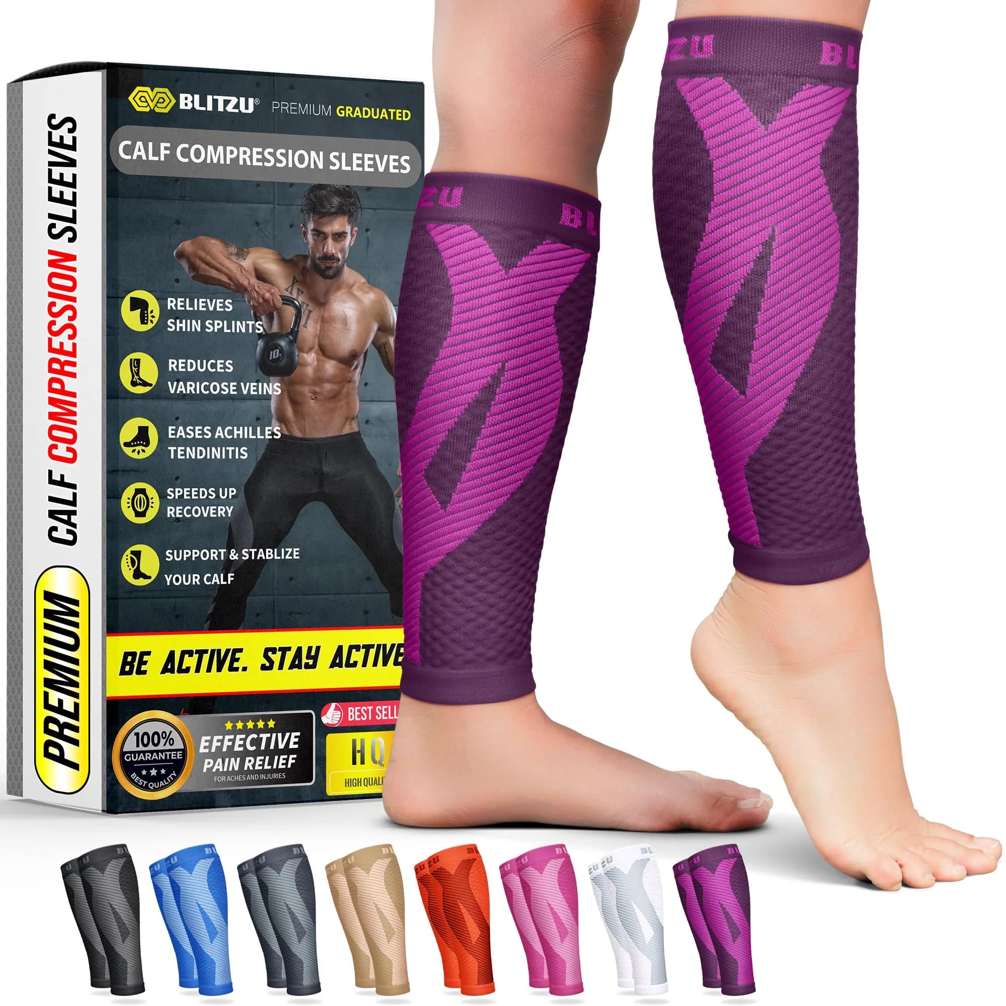 BLITZU Calf Compression Sleeves Purple Large/X-Large for Shin Splints & Varicose Veins