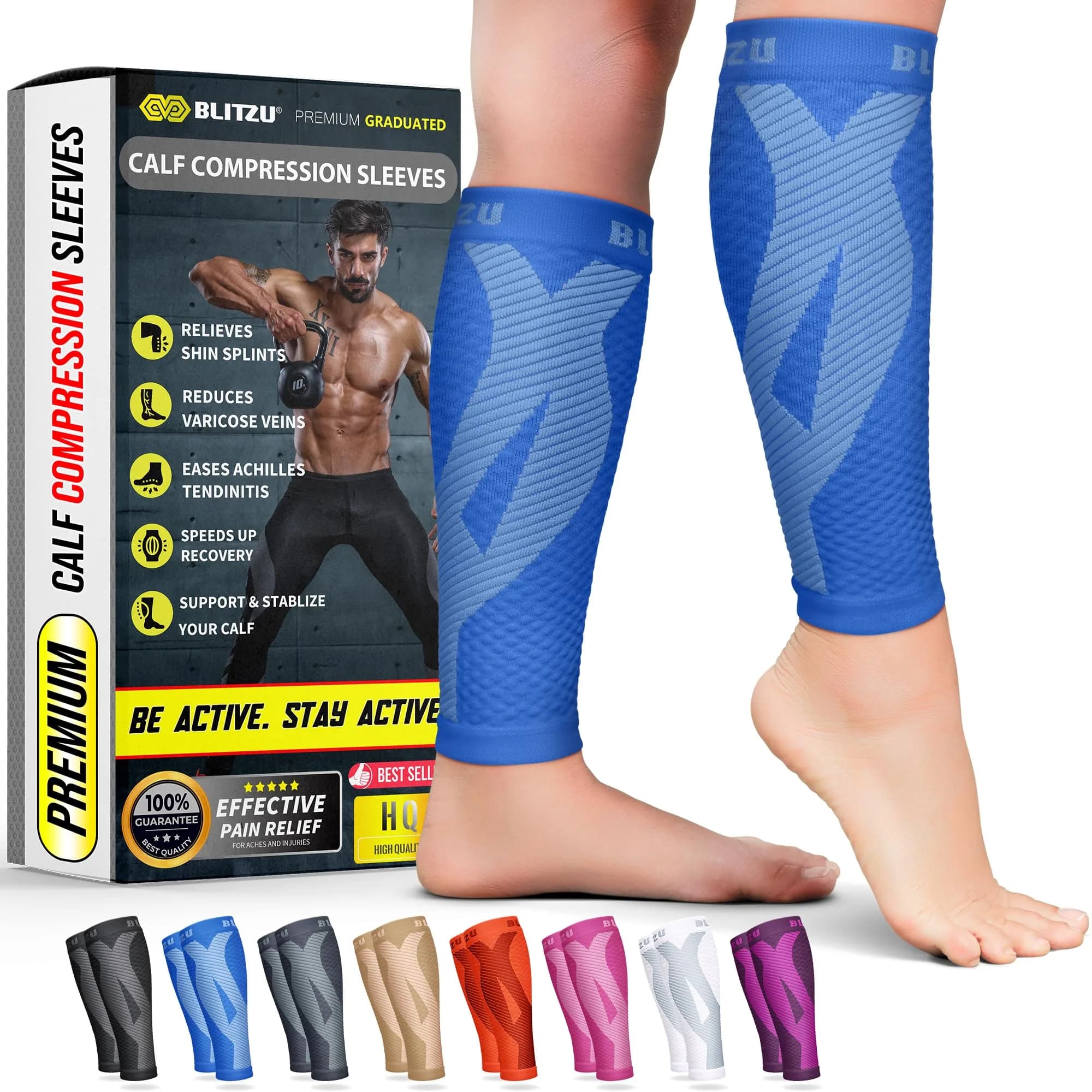 BLITZU Calf Compression Sleeves Blue Large/X-Large | Orthopedic Brace for Shin Splints & Varicose Veins
