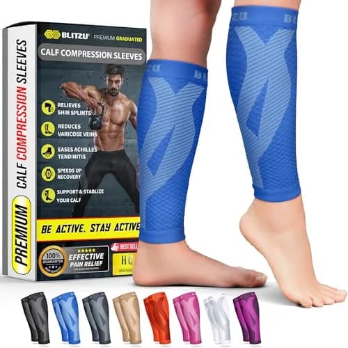 BLITZU Calf Compression Sleeves Blue Large/X-Large | Orthopedic Brace for Shin Splints & Varicose Veins thumbnail 1