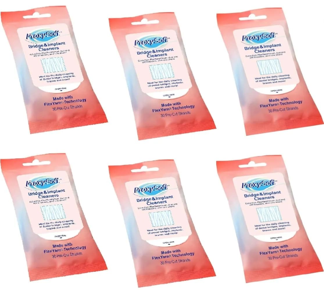 Proxysoft Dental Floss for Bridges and Implants with Extra-Thick Proxy Brush, 30 Strands (25.4 cm / 10 inches) | Dentist-Recommended for Oral Hygiene — 6-Pack