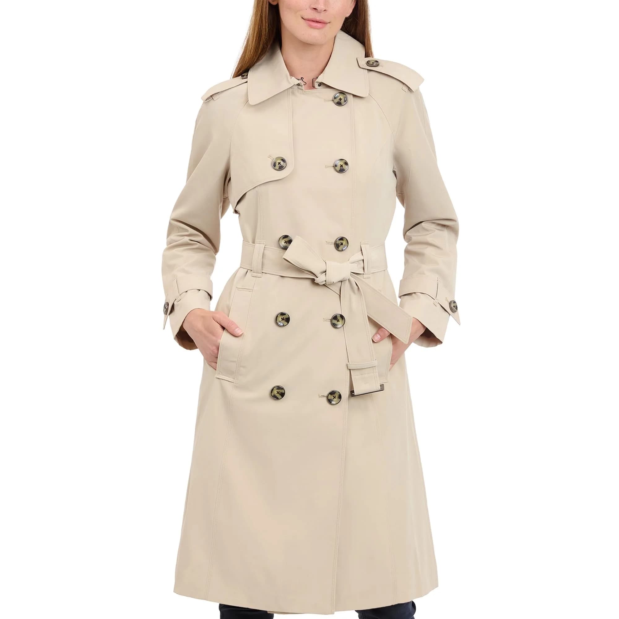 London Fog Women's 3/4 Length Double-Breasted Trench Coat with Belt, Stone, Small | Windproof & Water-Resistant