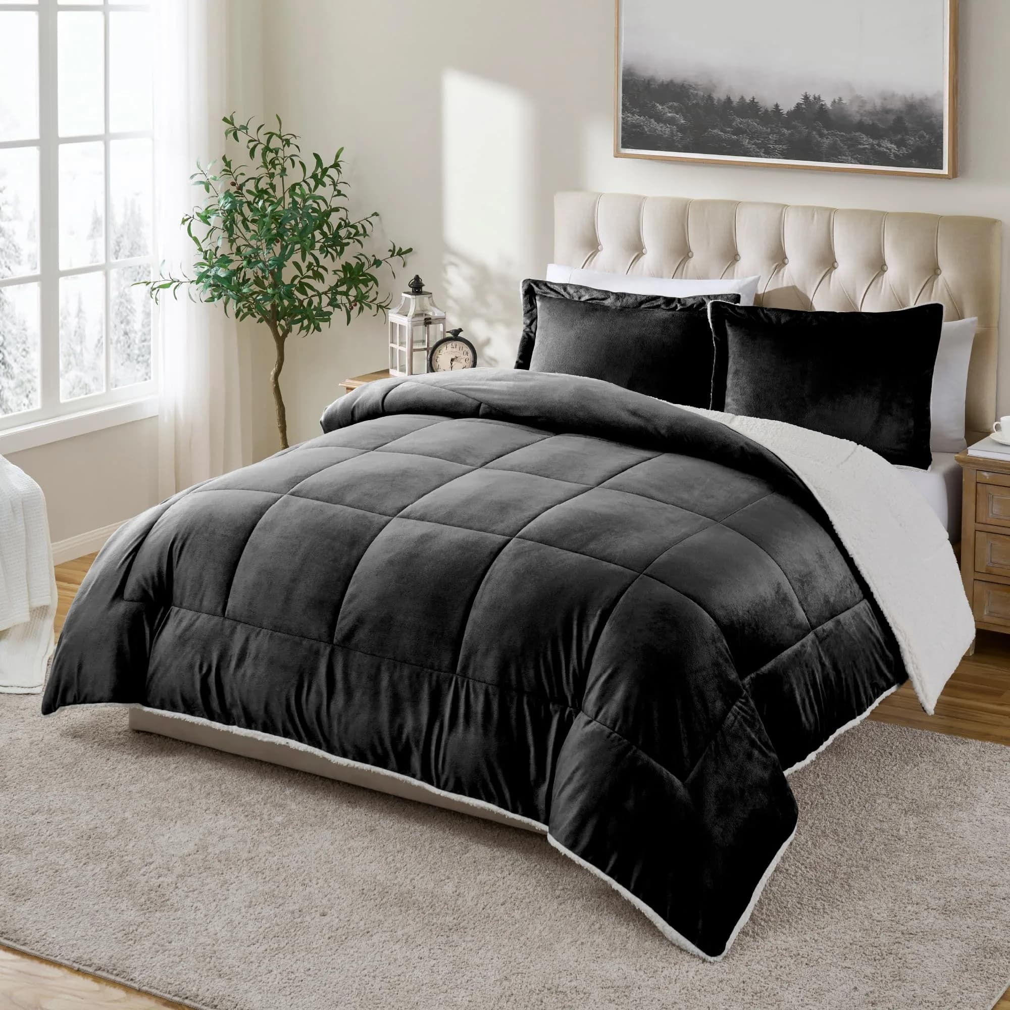 Cathay Home Twin Comforter Set, Reversible Micromink Sherpa, Pewter | All-Season Lightweight Bedding — Black / Twin