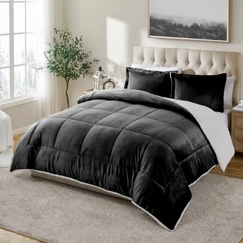 Cathay Home Twin Comforter Set, Reversible Micromink Sherpa, Black | All-Season Lightweight Comforter thumbnail 1