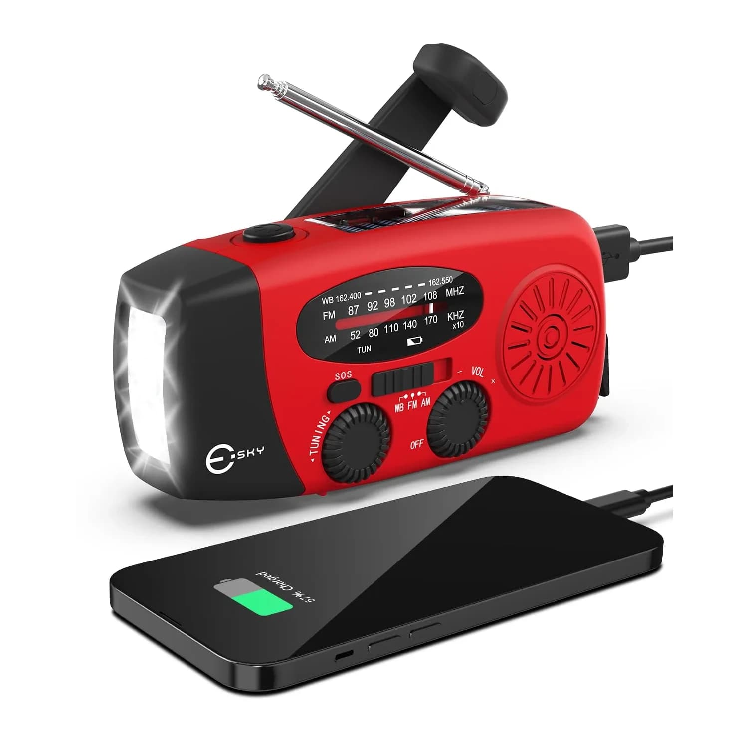 Esky Emergency Hand Crank Radio Red 295ml (10.0oz) | SOS Alarm & NOAA Weather Alerts - main product image