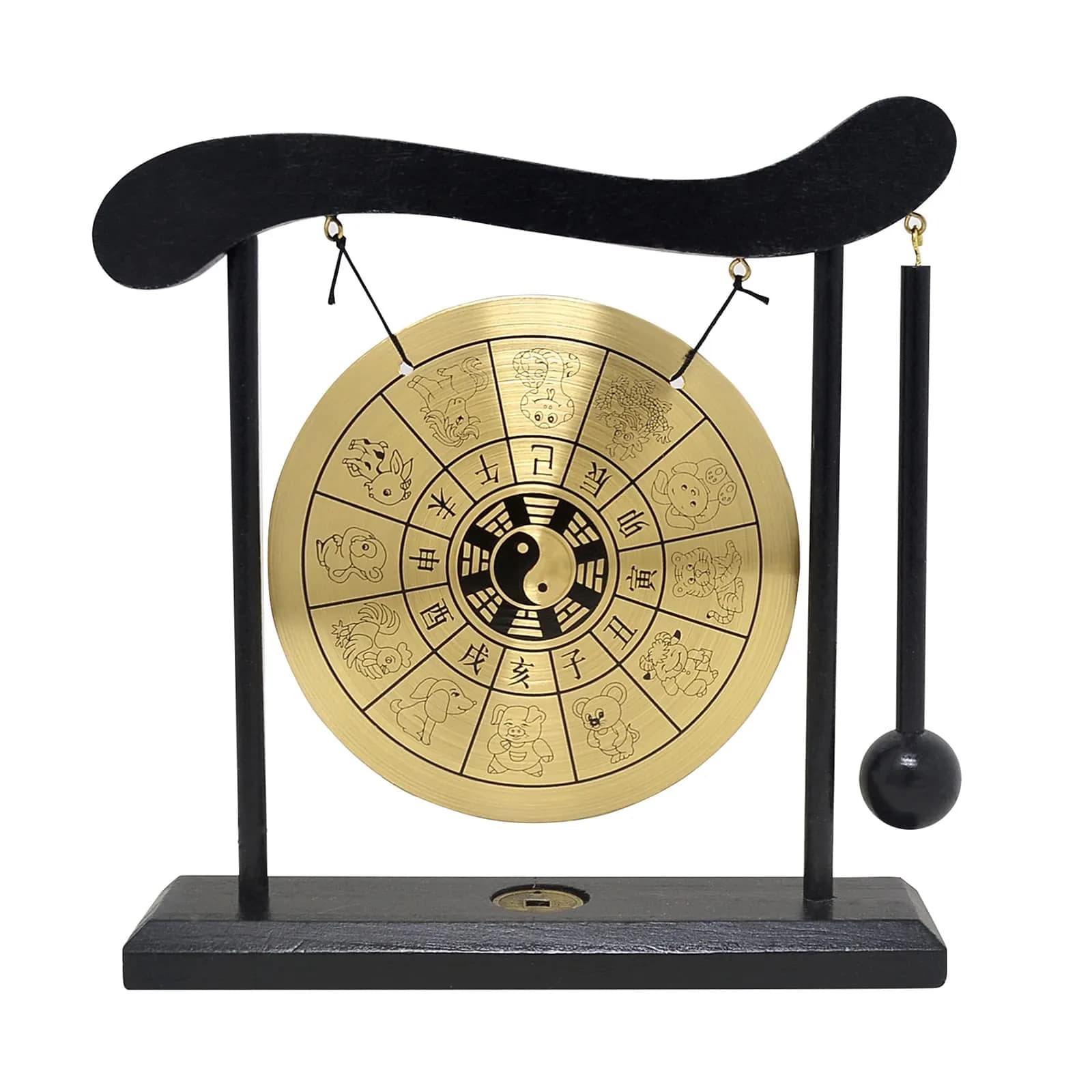 Feng Shui Brass Gong Desktop Zen Art with Wooden Stand & Red String Bracelet | 20cm (8in) Height — W1649