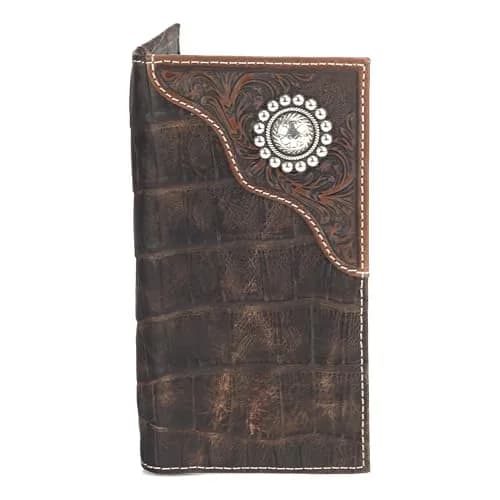 ARIAT Men's Rodeo Wallet, Floral Embossed Overlay, Western Concho, Brown | Top-Grain Leather Bi-Fold with Multiple Compartments thumbnail 1