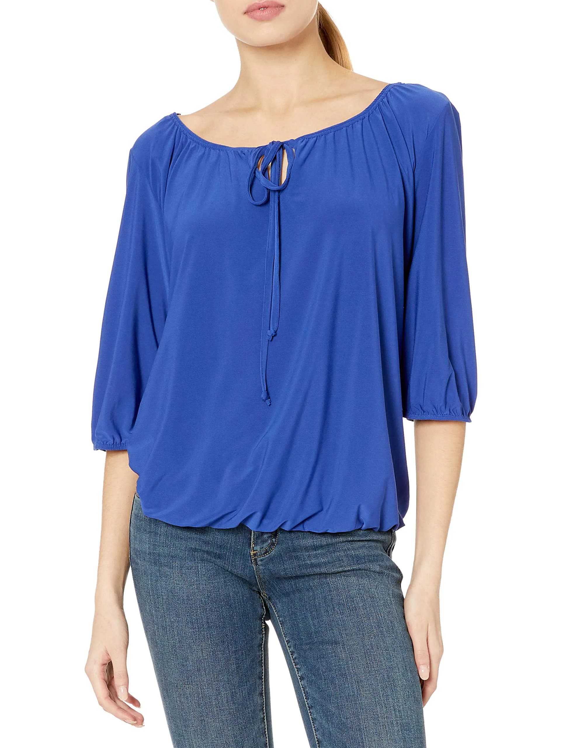 Star Vixen Women's Peasant Top with Keyhole Tie, Royal, Large | Elastic Hem & 3/4 Sleeve — Medium