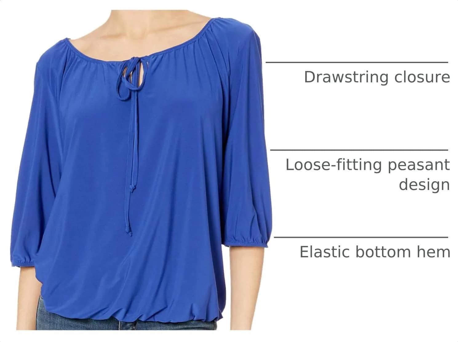 Star Vixen Women's Peasant Top with Keyhole Tie, Royal, Medium | Elastic Hem & 3/4 Sleeve, Rayon, Casual Fit thumbnail 3