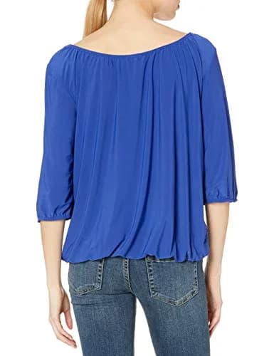 Star Vixen Women's Peasant Top with Keyhole Tie, Royal, Large | Elastic Hem & 3/4 Sleeve thumbnail 2