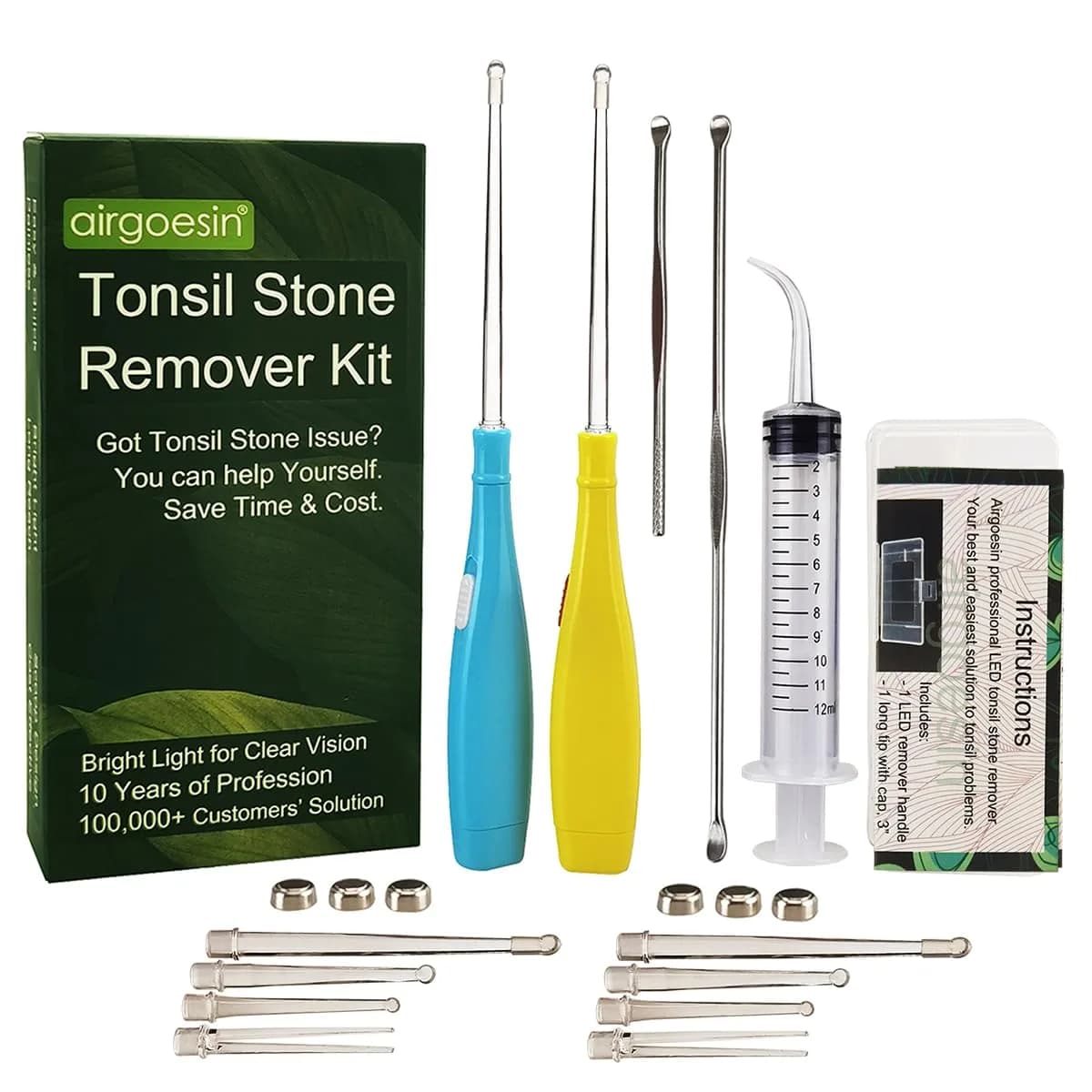airgoesin Upgraded Tonsil Stone Remover Tool Blue 7 Piece Set | Removes Annoying Tonsil Stones & Bad Breath — Blue & Yellow