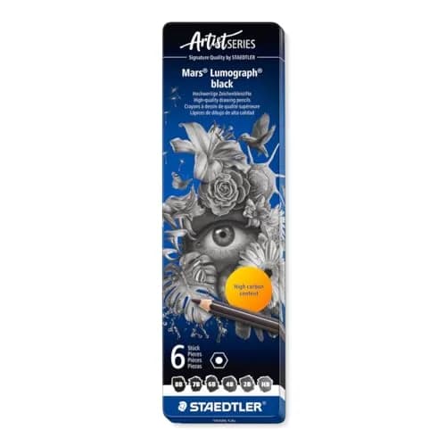 STAEDTLER Mars Lumograph Black Drawing Pencils 6 Pack in Metal Gift Tin | Deep Matte Black Tones for Expressive Art thumbnail 1
