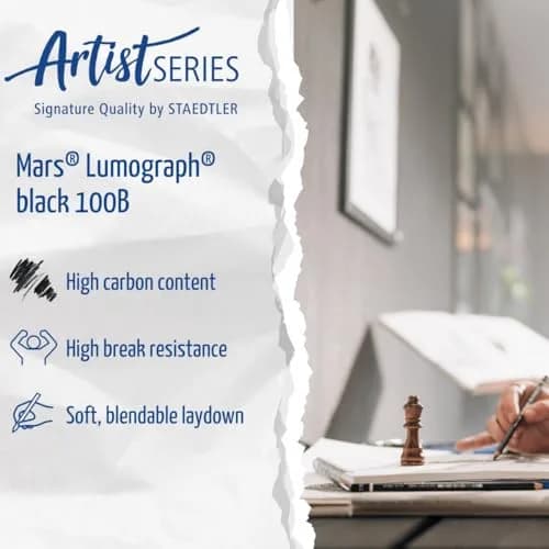 STAEDTLER Mars Lumograph Black Drawing Pencils 6 Pack in Metal Gift Tin | Deep Matte Black Tones for Expressive Art thumbnail 8