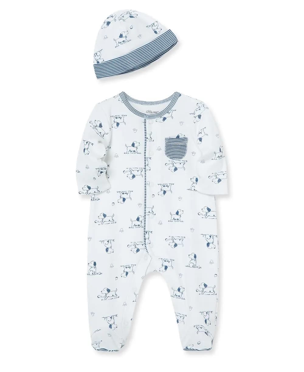 Little Me Baby Boy Clothes 2-Piece Footie & Cap Set 100% Cotton | Newborn, Puppy - main product image