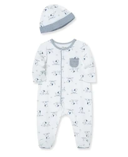 Little Me Baby Boy Clothes 2-Piece Footie & Cap Set 100% Cotton | Newborn, Puppy thumbnail 1