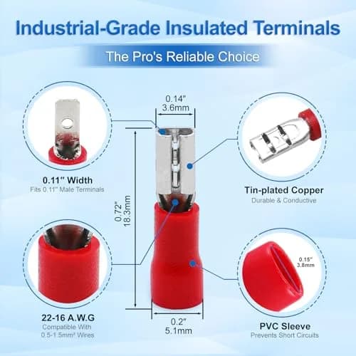 Baomain Female Quick Disconnect Spade Terminals 22-16 AWG | Insulated Copper Connectors for Automotive & DIY (0.75" Length) thumbnail 2