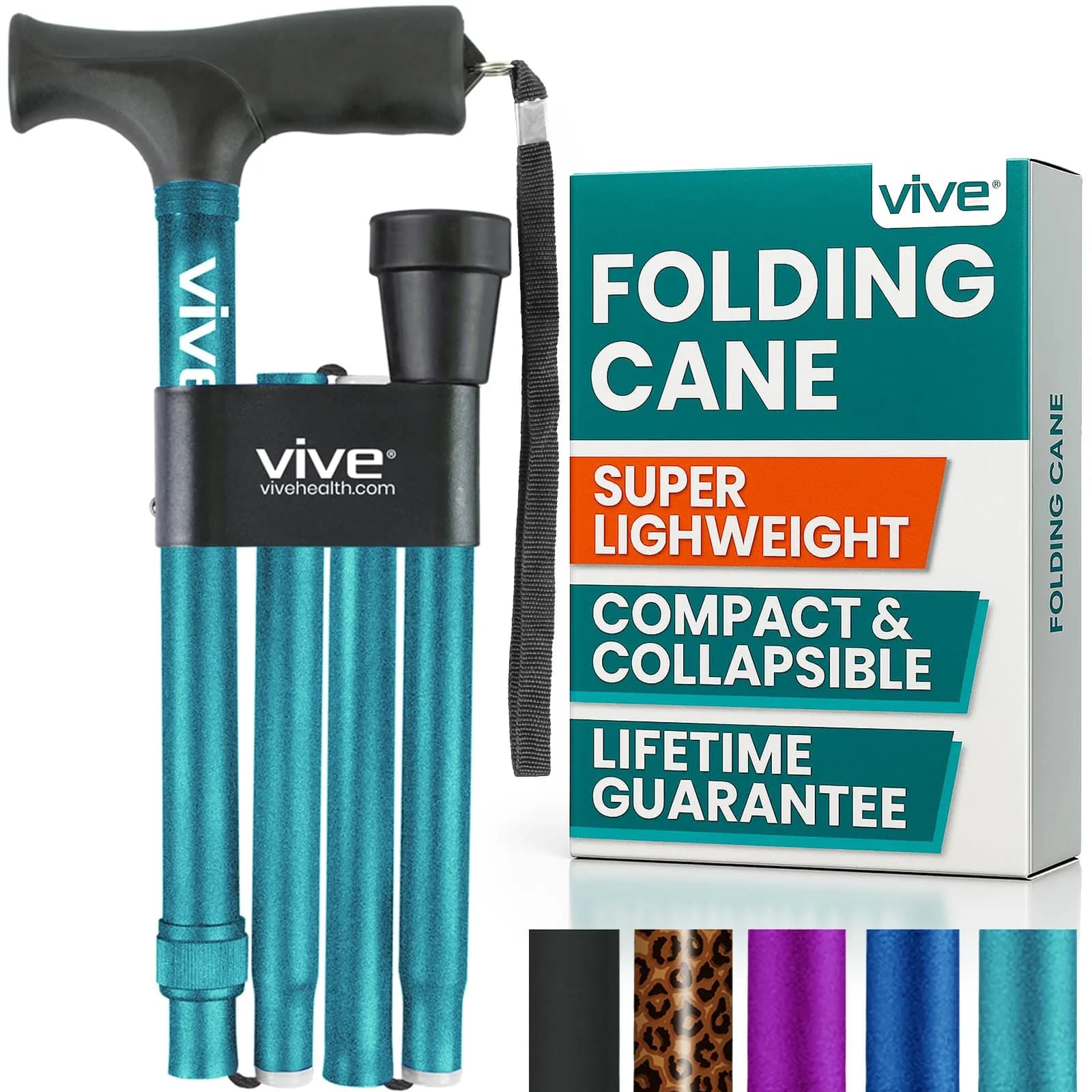 Vive Folding Cane - Adjustable 33"-37" | Lightweight Aluminum Mobility Aid with Ergonomic Grip & Non-Slip Tip — Teal