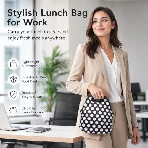 Ofeily Neoprene Lunch Tote Bag White Dots | Insulated, Waterproof, 10L (0.35 cu ft) thumbnail 4
