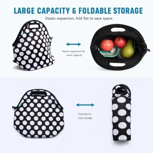 Ofeily Neoprene Lunch Tote Bag White Dots | Insulated, Waterproof, 10L (0.35 cu ft) thumbnail 7