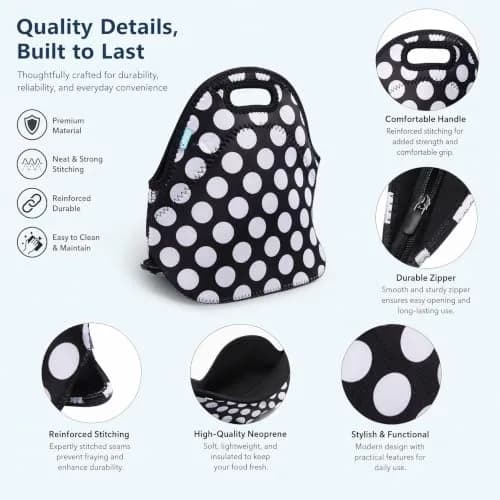 Ofeily Neoprene Lunch Tote Bag White Dots | Insulated, Waterproof, 10L (0.35 cu ft) thumbnail 8