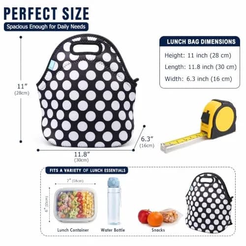 Ofeily Neoprene Lunch Tote Bag White Dots | Insulated, Waterproof, 10L (0.35 cu ft) thumbnail 2