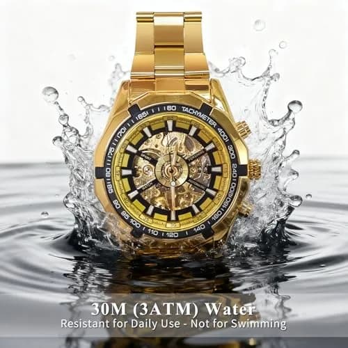 Gute Mechanical Skeleton Watch Self-Winding Stainless Steel Gold | Classic Automatic Men’s Wristwatch thumbnail 5
