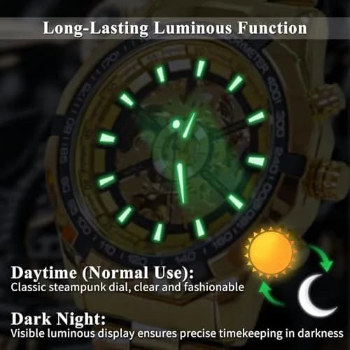 Gute Mechanical Skeleton Watch Self-Winding Stainless Steel Gold | Classic Automatic Men’s Wristwatch thumbnail 6