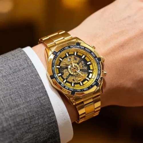 Gute Mechanical Skeleton Watch Self-Winding Stainless Steel Gold | Classic Automatic Men’s Wristwatch thumbnail 7