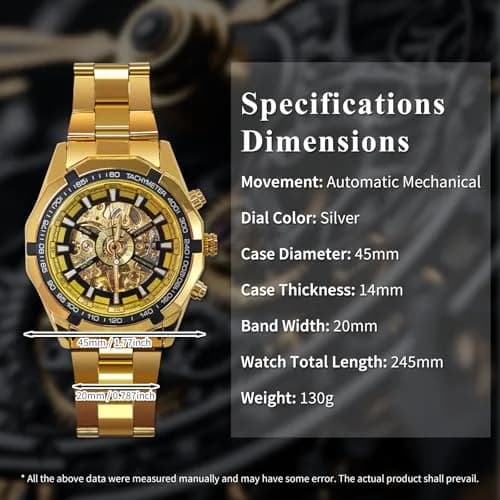 Gute Mechanical Skeleton Watch Self-Winding Stainless Steel Gold | Classic Automatic Men’s Wristwatch thumbnail 8