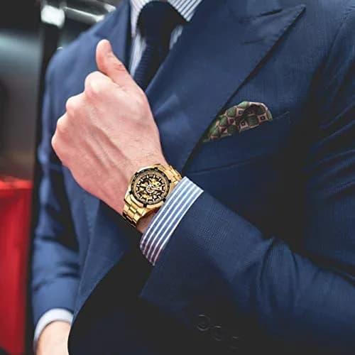 Gute Mechanical Skeleton Watch Self-Winding Stainless Steel Gold | Classic Automatic Men’s Wristwatch thumbnail 9