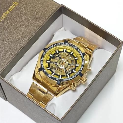 Gute Mechanical Skeleton Watch Self-Winding Stainless Steel Gold | Classic Automatic Men’s Wristwatch thumbnail 2
