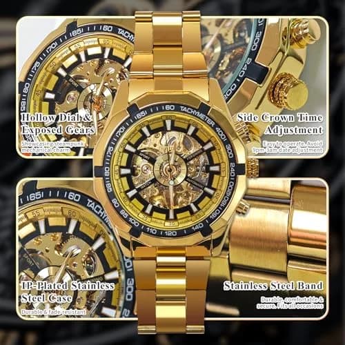 Gute Mechanical Skeleton Watch Self-Winding Stainless Steel Gold | Classic Automatic Men’s Wristwatch thumbnail 3