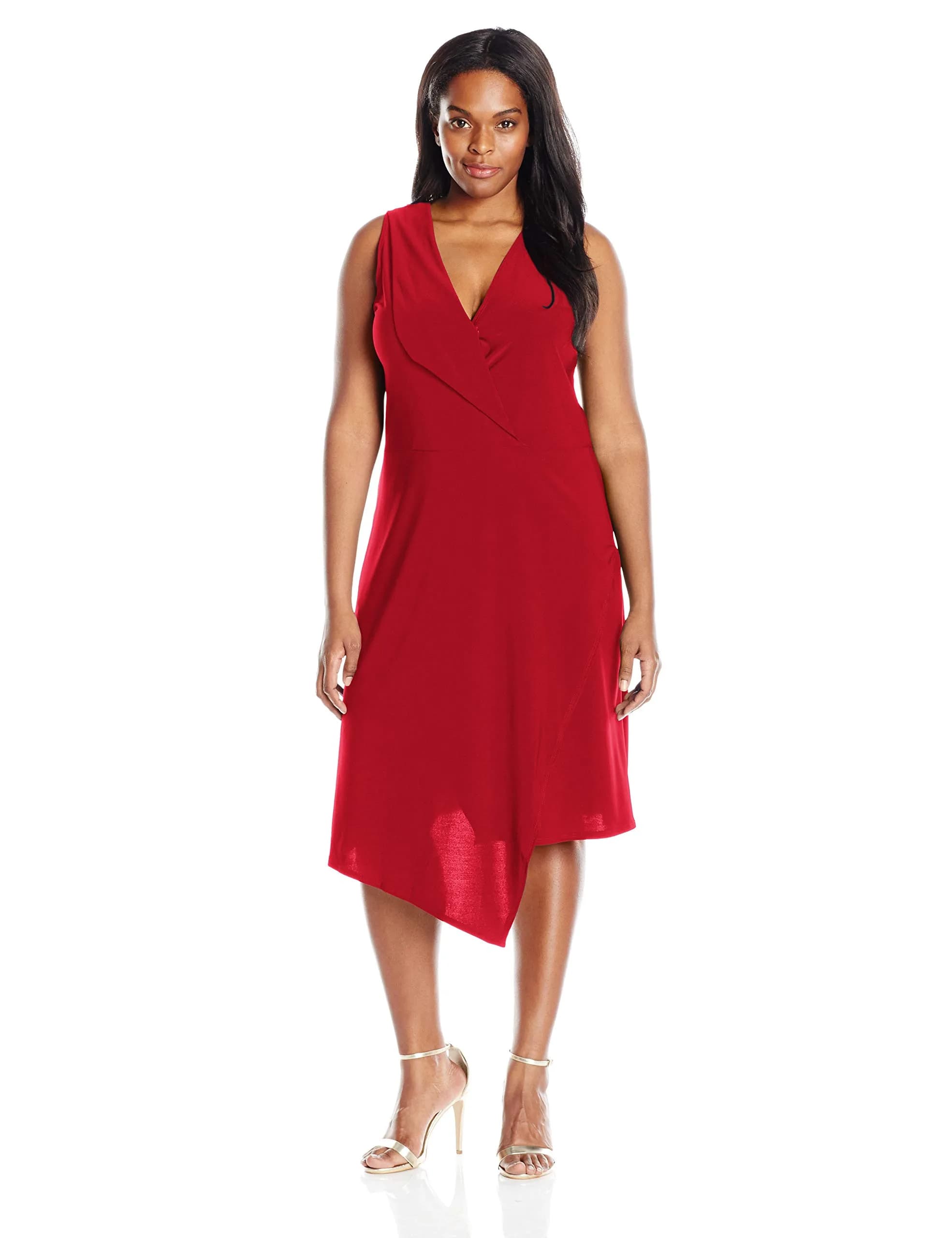Star Vixen Plus-Size Sleeveless Asymmetrical Dress with Fold Over Collar, Black, 1X | Elegant Summer Dress for Women — Red 2X