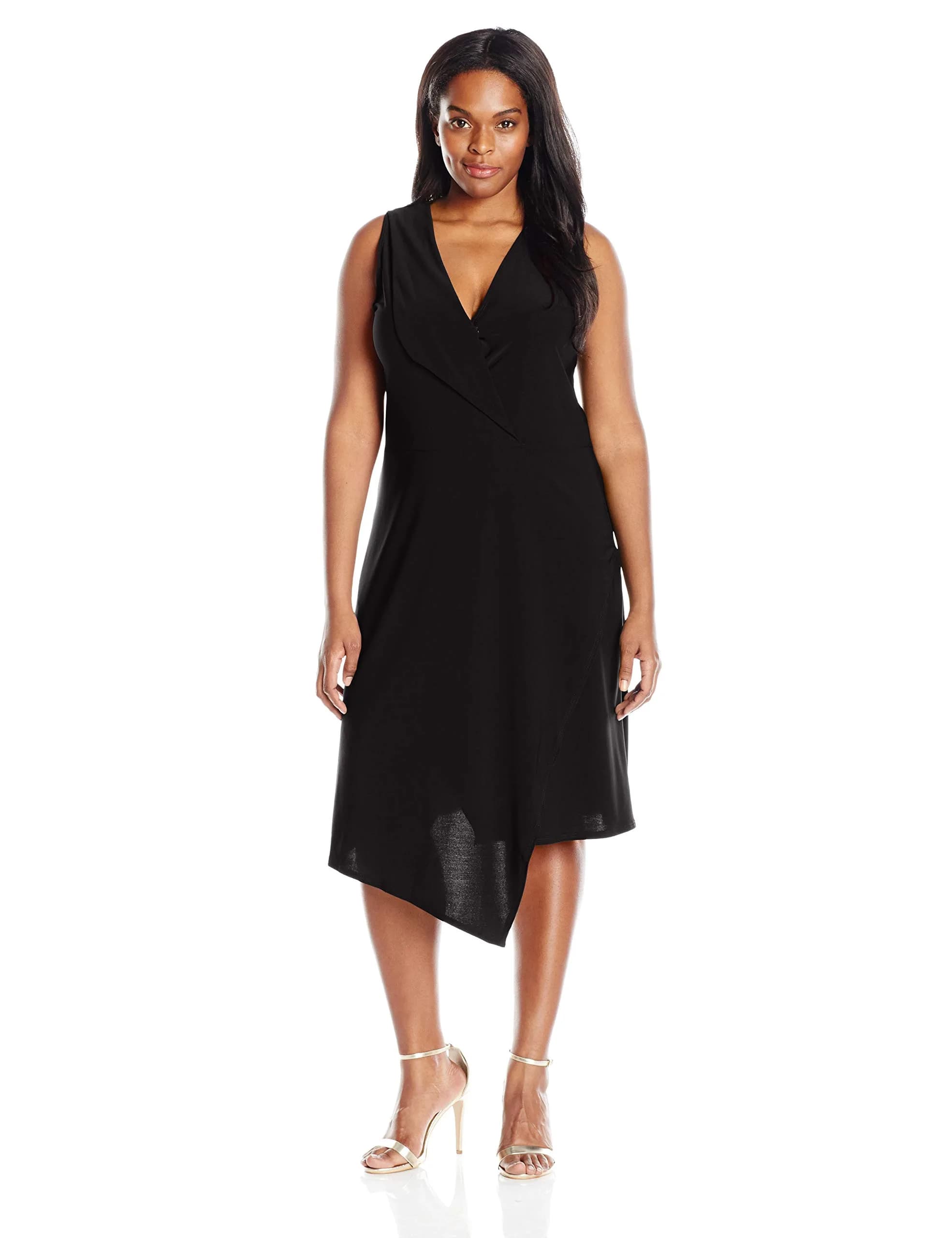 Star Vixen Plus-Size Sleeveless Asymmetrical Dress with Fold Over Collar, Black, 1X | Elegant Summer Dress for Women