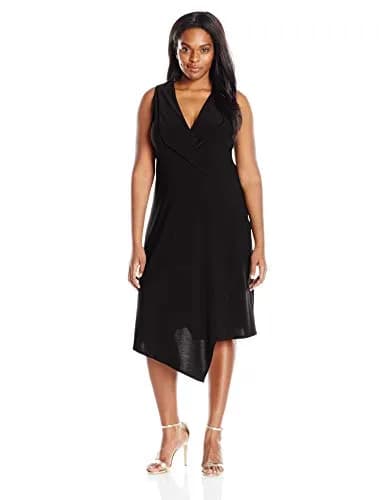 Star Vixen Plus-Size Sleeveless Asymmetrical Dress with Fold Over Collar, Black, 1X | Elegant Summer Dress for Women thumbnail 1