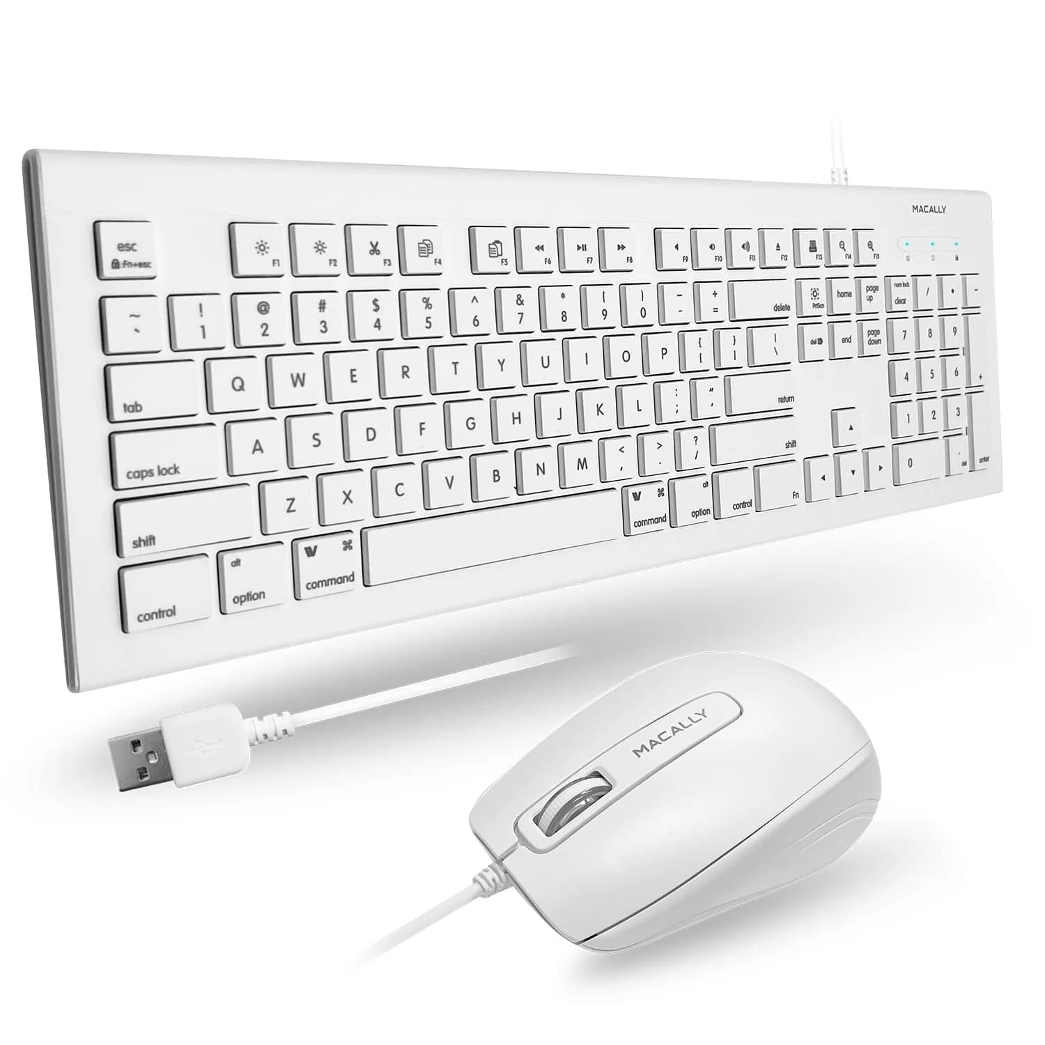 Macally 104 Key USB Wired Keyboard and Mouse Combo with Apple Shortcut Keys for Mac, iMac, MacBook, and Windows PC (White) | Quiet, Responsive, Apple-like Feel - main product image