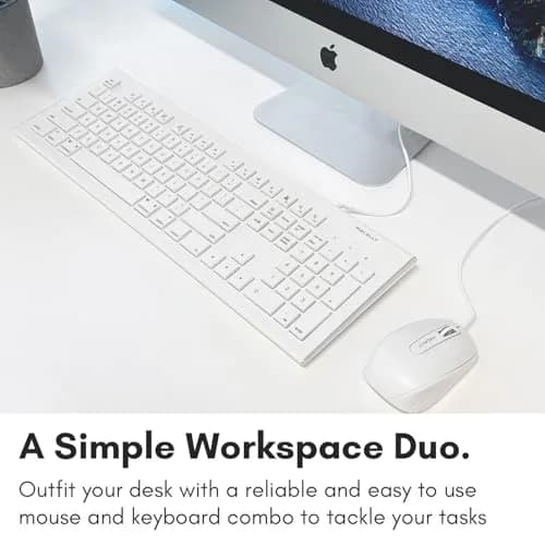 Macally 104 Key USB Wired Keyboard and Mouse Combo with Apple Shortcut Keys for Mac, iMac, MacBook, and Windows PC (White) | Quiet, Responsive, Apple-like Feel thumbnail 2