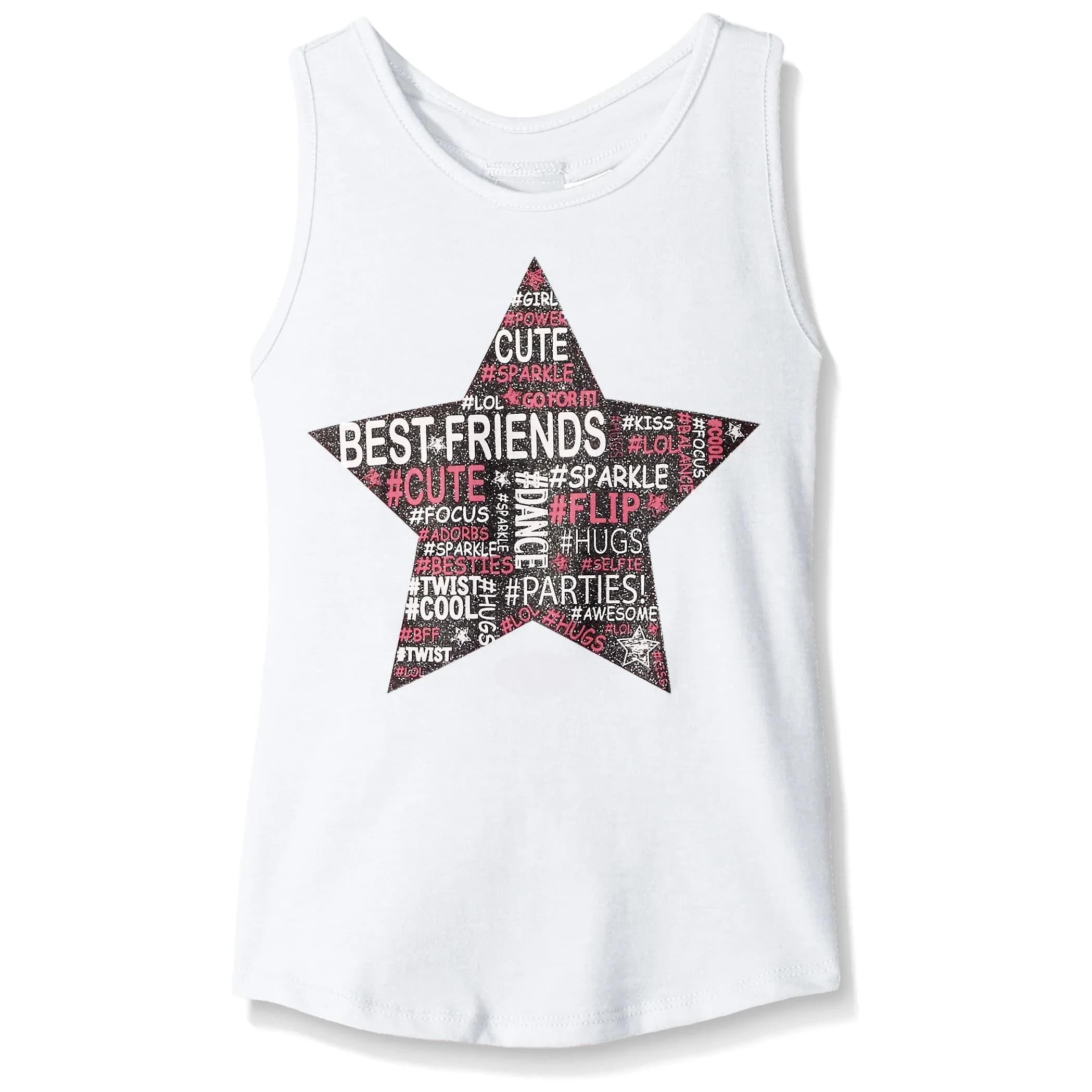 Dream Star Little Girls Tank Top White Large/6 | "BFF" Glitter Screen with T-Back Elastic — White