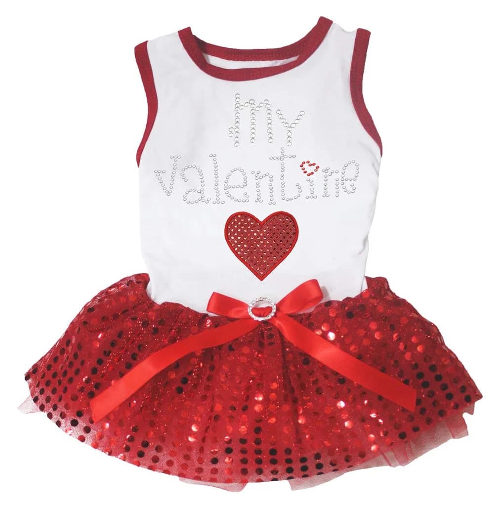 Petitebella My Valentine Heart Puppy Dog Dress White/Red Sequins Medium | Breathable Cotton Blend for Small Breeds - main product image