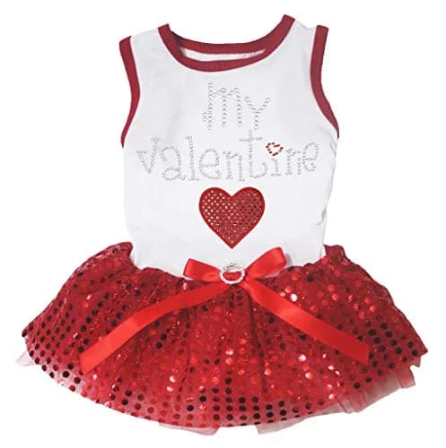 Petitebella My Valentine Heart Puppy Dog Dress White/Red Sequins Medium | Breathable Cotton Blend for Small Breeds thumbnail 1