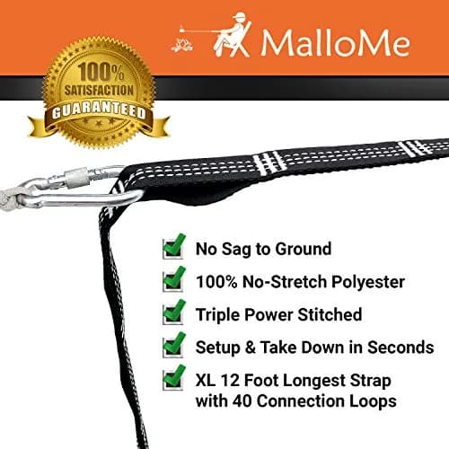 MalloMe Hammock Tree Straps with Carabiners - 12ft Heavy Duty Adjustable Swing Straps | 2-Pack, Black thumbnail 2