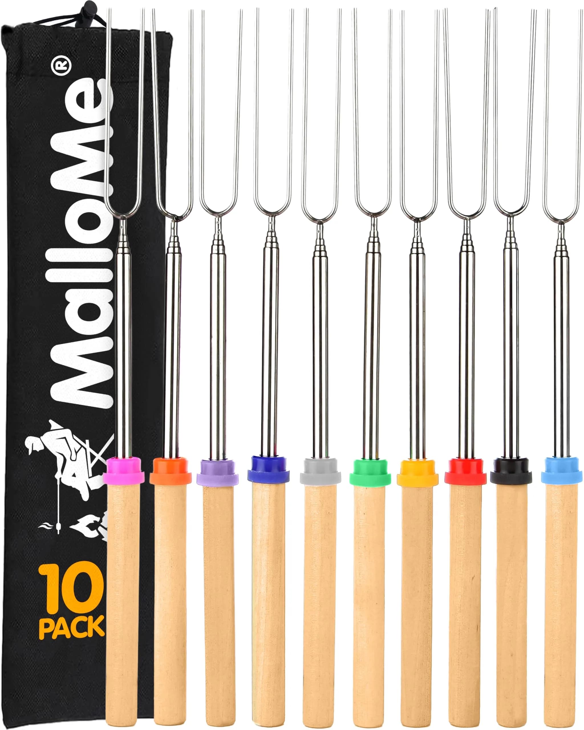 MalloMe 32" Telescoping Marshmallow Roasting Sticks (5 Pack, Silver) | Heavy Duty Stainless Steel Forks for Campfire Cooking — 10 Fork Set w/ Storage Bag