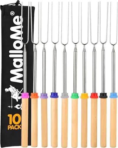 MalloMe Telescopic Roasting Sticks 32" (10 Pack) | Heavy Duty 304 Stainless Steel Smores Skewers for Campfire & Bonfire thumbnail 1