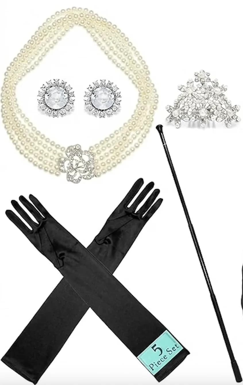 Utopiat Audrey-Inspired 5 Piece Costume Jewelry Set with Pearl Necklace, Tiara, Gloves & Holder | Vintage Hollywood Glamour - main product image